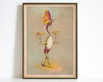 Vintage Żaba Motyl Druk, Retro Ilustracja Zwierząt, Zabawna Sztuka Łazienkowa