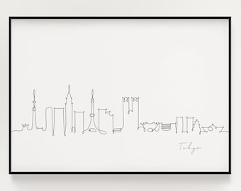 Tokyos silhuetttryck, linjekonst, Tokyo-affisch, minimalistisk väggkonst, affisch med stadsskyskrapa, konsttryck, nordisk heminredning, landmärke