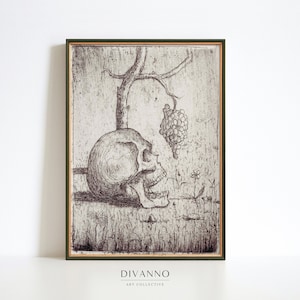 Vintage Halloween Dark Moody Wall Decor, Garden Skull Poster, Gothic Monochrome Print, Seasonal Spooky Wall Art, Goth Canvas, Holiday Gift
