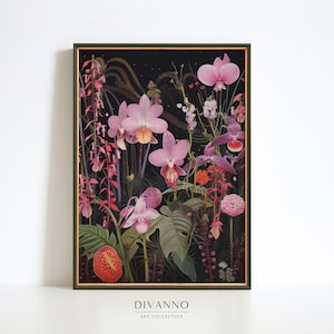 Orchideen Kunstdruck, dunkle botanische Malerei Wandkunst, digitale druckbare Kunst, bunte wilde Orchidee Blume Leinwand, florales Wanddekor, Kunst Geschenk