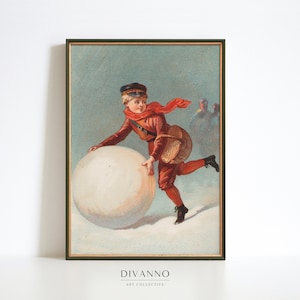 Impressão antiga de neve de Natal, pôster gigante de bola de neve, decoração de parede de cartões infantis vintage, férias de Natal para impressão, tela de jogos de inverno
