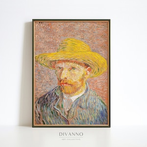 Decorazione da parete con autoritratto con cappello di paglia, stampa d'arte di Vincent Van Gogh, pittura con ritratto dell'artista, stampa della mostra, poster stampabile vintage