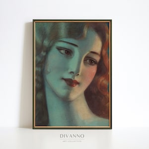 Blonde Frau Portrait Print, Vintage Wandkunst, Fine Art Poster, Mode Magazin Wand-Dekor, Mädchen Zeichnung Leinwand, Dunkelblau Wohnkultur