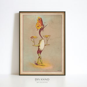 Cartel retro de rana mariposa, lienzo de animales vintage, ilustración antigua, arte de pared imprimible, impresión giclee, decoración de arte de sapo divertido para el baño
