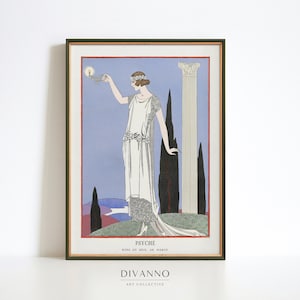 Könnte beinhalten: Ein Vintage-Kunstdruck mit einer Frau in einem weißen Kleid, die eine Lampe hält. Der Druck ist in einem goldenen Rahmen gerahmt und trägt den Titel "Psyche" sowie den Namen des Künstlers "DIVANNO ART COLLECTIVE" am unteren Rand.