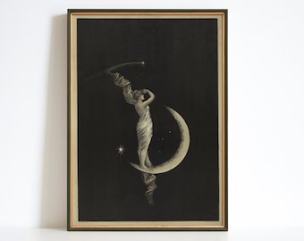 Vintage Moon Woman Art Print, Night Sky Poster, Bedroom Wall Art, Abstract Celestial Canvas, Modern Monochrome Art, Apartment Decor, Digital