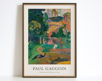 Peacocks Green Landscape Print, Vintage Tahitian Painting, Gauguin Wall Art, Tropical Forest Poster, French Home Decor, Jungle Printable