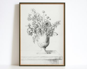 Könnte beinhalten: Schwarz-weiß-Zeichnung eines mit Blumen gefüllten Vasen. Die Vase steht auf einem Tisch. Das Bild ist in einem dunkelgrünen Rahmen gerahmt. Der Text "DIVANNO ART COLLECTIVE" befindet sich am unteren Rand des Bildes.