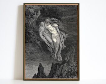 Gustave Dore Lovers Print, Divine Comedy Hell Scene, Dark Academia Art (Digital)