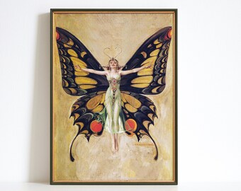 Pode incluir: Uma ilustração vintage de uma mulher com os braços estendidos, transformada em uma borboleta com asas pretas, amarelas e vermelhas. A mulher está vestindo um vestido verde e uma coroa de flores. O fundo é bege claro.