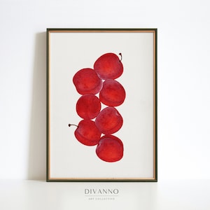 Poster di frutta rossa minimalista, stampa della scuola della natura, arte della parete italiana, poster botanico, arredamento cucina, arte del giardino, tela di ciliegio, idea regalo