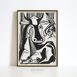 Impressão de arte abstrata de vaca grande vintage, arte de parede de animal retrô, decoração de parede monocromática, pôster minimalista, tela de linogravura preta e branca