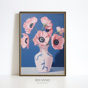 Impresión de arte de amapolas rosas, pintura de carteles de botánica, flores en arte de pared de jarrón, lienzo azul contemporáneo, regalo de arte digital, decoración de pared de amapola retro