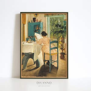 Mujer en el desayuno arte de la pared, pintura de cocina rústica, lienzo de lectura de mujer, decoración de la pared victoriana, reproducción de bellas artes, digital imprimible
