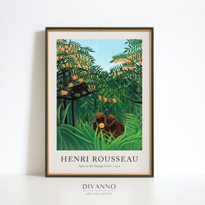 Rousseau Dschungel Poster, Affen im Orangenhain Blumen Wandkunst, exotische Landschaft Druck, Tier Kunst Geschenk, Wald grüne Leinwand, digitale Kunst