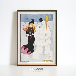 Impresión antigua de muñeco de nieve de invierno, decoración de pared de regalo navideño, póster de escuela americana, decoración navideña vintage imprimible, lienzo de arte de invierno