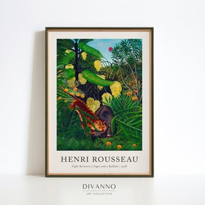 Rousseau Tiger Fight Wall Art, Impresión de arte de pintura animal, Cartel del bosque tropical, Decoración del hogar francés, Imprimible en la selva, Lienzo verde exótico