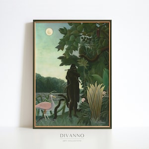 Rousseau Schlangenbeschwörer Poster, botanische Wandkunst, Dschungel Wildlife Print, florales Wohndekor, äquatoriale Kunst, salbeigrüne Leinwand, printable