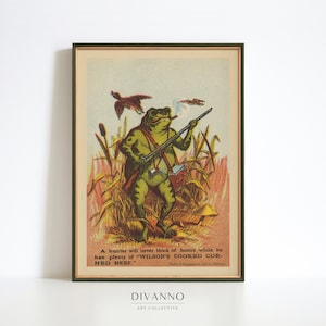 Hunter Frog Retro Giclee Print, Cartel de animales vintage, Ilustración antigua, Arte de pared imprimible, Arte divertido del sapo, Arte publicitario, Digital