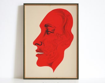 Face Art Print, Abstract Red Poster Painting, Modern Wall Art, Trendy Canvas, Digital Art Gift, Retro Groovy Wall Decor, Home Office Decor