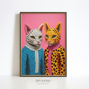 Impresión de gatos salvajes y coloridos, arte de pared de animales exóticos, lienzo de jaguar, cartel vibrante de dúo de gatos, regalo de amante de los gatos, decoración del hogar de moda imprimible digital