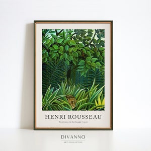 Rousseau Dschungel Löwe Wandkunst, Tropischer Wald Tier Leinwand, grüne Malerei Ausstellung Druck, Blumen druckbares Poster, Wohnung Kunst Dekor