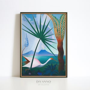 Impresión de pintura abstracta de pájaros, cartel imprimible azul vintage, arte de la pared de la palma, digital, lienzo de paisaje de montaña, decoración moderna, inauguración de la casa