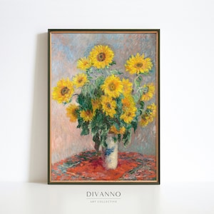 Impresión botánica de girasoles de Monet, cartel de pintura al óleo vintage, jardín imprimible, arte de pared de flores de verano, decoración de pared francesa, lienzo floral