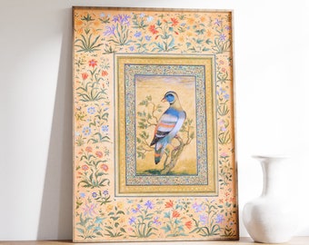 Antique Indian Poster, Bird and Flowers Mughal Miniature, Digital Printable, Traditional Persian Wall Decor, Vintage Islamic Art, Folk Print