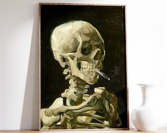 Vincent Van Gogh Skull Print, Skeleton Burning Sigaret, Dark Academia Wall Decor, Gothic Art Print, Vintage Poster, Printable Wall Art