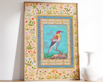 Antique Indian Poster, Bird and Flowers Mughal Miniature, Digital Printable, Traditional Persian Wall Decor, Vintage Islamic Art, Digital