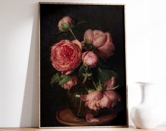 Antique Peonies Painting, Flower Oil Painting , Floral Print, Still Life, Dark Academia Decor, Moody Wall Art, Botanical Print, Digital Art