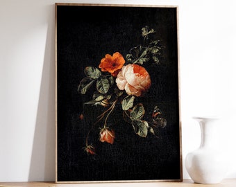 Antique Flower Painting, Floral Print, Still Life with Roses , Dark Academia Decor, Moody Wall Art, Botanical Print, Digital Oil Painting