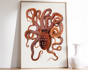 Antiker Oktopus Print, Meeres Poster, Meerestier Malerei, Badezimmer Dekoration, Ozean Wandkunst, Biologie Kunst, nautische Zeichnung, druckbare Kunst