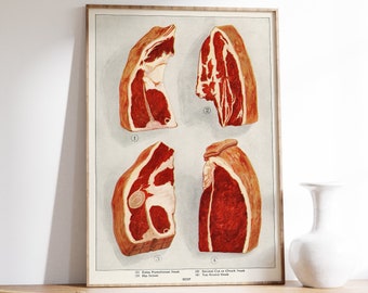 Farmhouse Kitchen Print, Beef Sirloins Grocer’s Encyclopedia Wall Art, Retro Food Poster, Meat Cuts Steak Guide, Butchery Decor, BBQ Poster