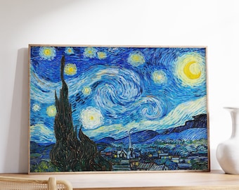 May include: A framed painting of a starry night sky with a crescent moon and a swirling sky in shades of blue, yellow, and white. The painting depicts a small town with a church steeple in the distance.