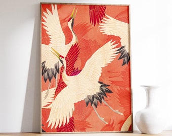 Vintage Japanese Print, Traditional Red Cranes Art, Flying Cranes Poster, Ukiyo E, Edo Woodblock, Japan Wall Art, Birds Print, Home Decor