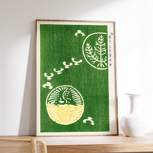 Japanese Vintage Green Wall Decor, Seagulls Poster, Japan Coastal Print, Taguchi Tomoki , Zen-Inspired Contemporary Wall Art, Minimalist