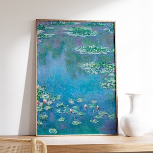 Impresión de pintura de nenúfares de Claude Monet, cartel imprimible botánico, arte de pared verde azul vintage, lienzo de lirio francés, decoración de pared floral