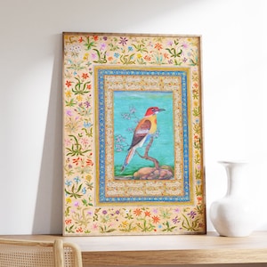 Cartel indio antiguo, pájaro y flores en miniatura mogol, imprimible digital, decoración de pared persa tradicional, arte islámico vintage, digital