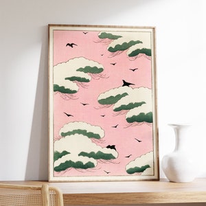 Vintage Pink Sky Japan Art, Nubes de Bijutsu Sekai Poster, Arte minimalista tradicional, Arte Ukiyo E, Bloque de madera del período Edo, Decoración de la pared de Japón