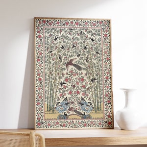 Cartel indio antiguo, textil de pájaros y flores de Palempore, arte de pared imprimible, decoración de pared de tapiz, arte vintage colorido, impresión de arte popular