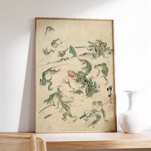 Impresión antigua de rana japonesa, cartel de la batalla de las ranas, arte de pared de Kawanabe Kyosai, decoración asiática, lienzo de animales divertidos, interior oriental, digital