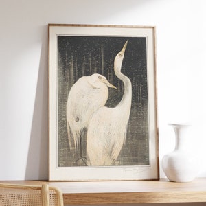 Stampa minimalista di due garzette bianche, arte di Theo van Hoytema, arte ispirata giapponese, poster di illustrazione di uccelli, litografia in nero, studio degli uccelli