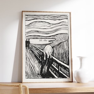 Pode incluir: Impressão em preto e branco de O Grito de Edvard Munch, uma pintura famosa que retrata uma pessoa com o rosto distorcido gritando, sobre um fundo de paisagem em espiral com uma ponte e um fiorde.