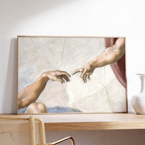 Stampa artistica della creazione di Michelangelo, arte della parete delle mani di Dio e Adamo, poster dell'affresco della Cappella Sistina, riproduzione moderna, arredamento per ufficio stampabile