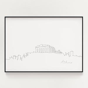 Impresión del horizonte de Atenas, arte lineal, cartel de Atenas, arte de pared minimalista, cartel de rascacielos de la ciudad, impresión de bellas artes, decoración nórdica del hogar, punto de referencia