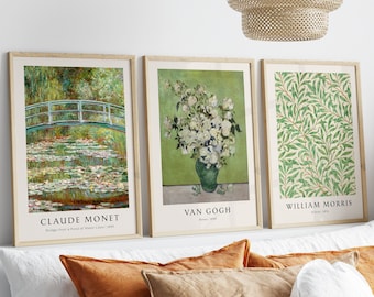 Set of 3 Green Prints, Flower Gallery Wall Set, William  Morris, Claude Monet, Van Gogh, Eclectic Vintage Posters, Muted Botanical Art Decor