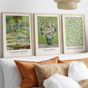 Conjunto de 3 impresiones verdes, conjunto de pared de galería de flores, William Morris, Claude Monet, Van Gogh, carteles vintage eclécticos, decoración de arte botánico silenciado