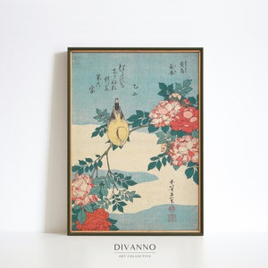 Impresión de aves y flores, arte de la pared botánica japonesa, bloque de madera Hokusai de curruca y rosas, decoración de la naturaleza asiática tradicional, jardín imprimible